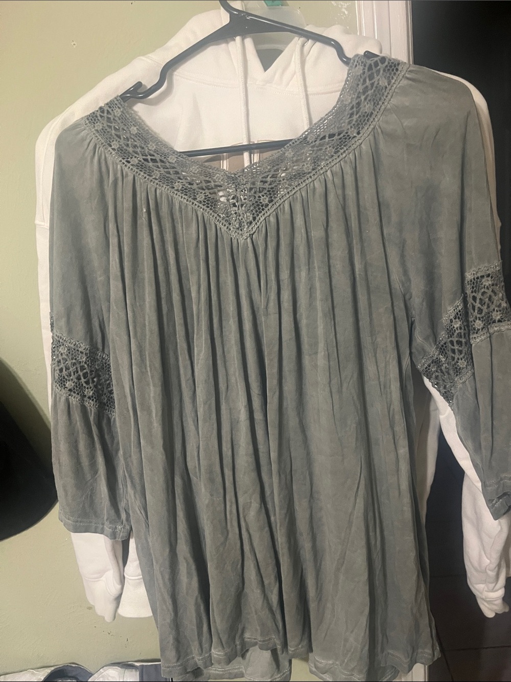 POL Sage Green Crochet V-Neck Peasant Tunic